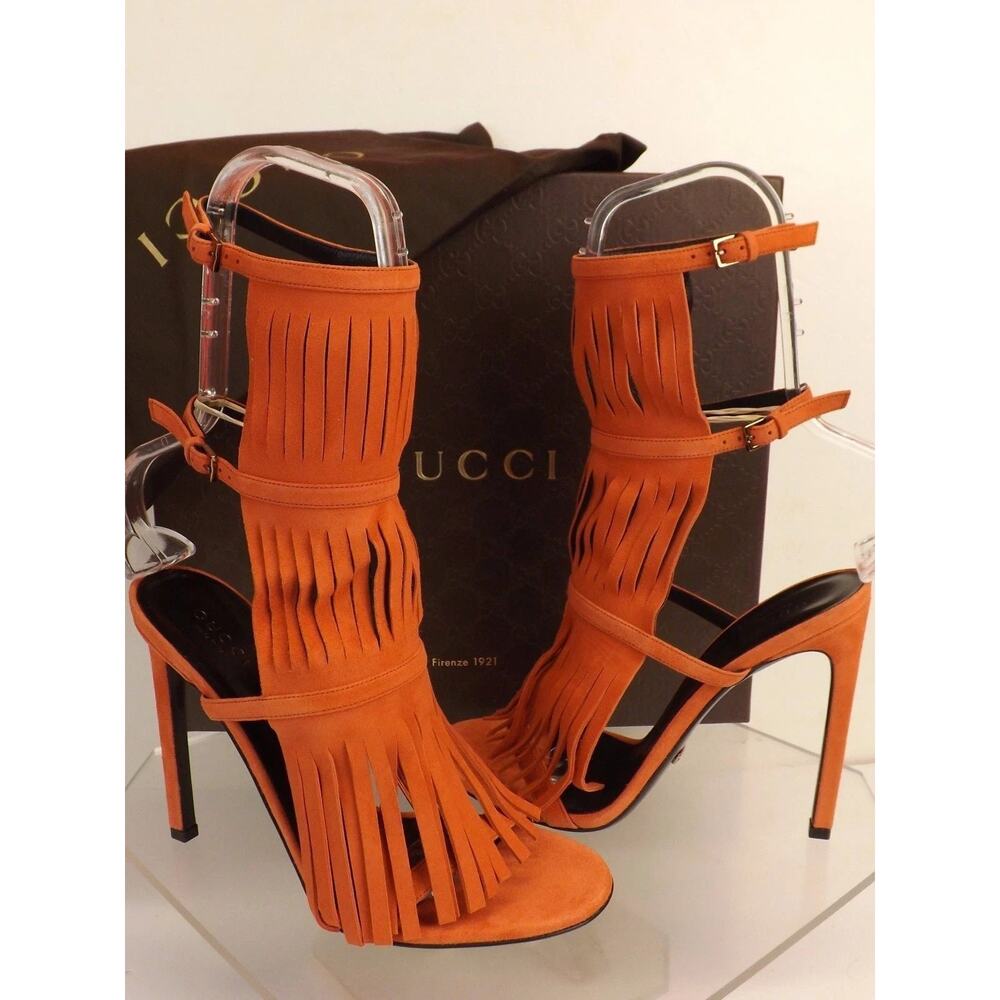 GUCCI DARK ORANGE SUEDE FRINGE BECKY GLADIATOR TALL SANDALS PUMPS 36.5 ITALY